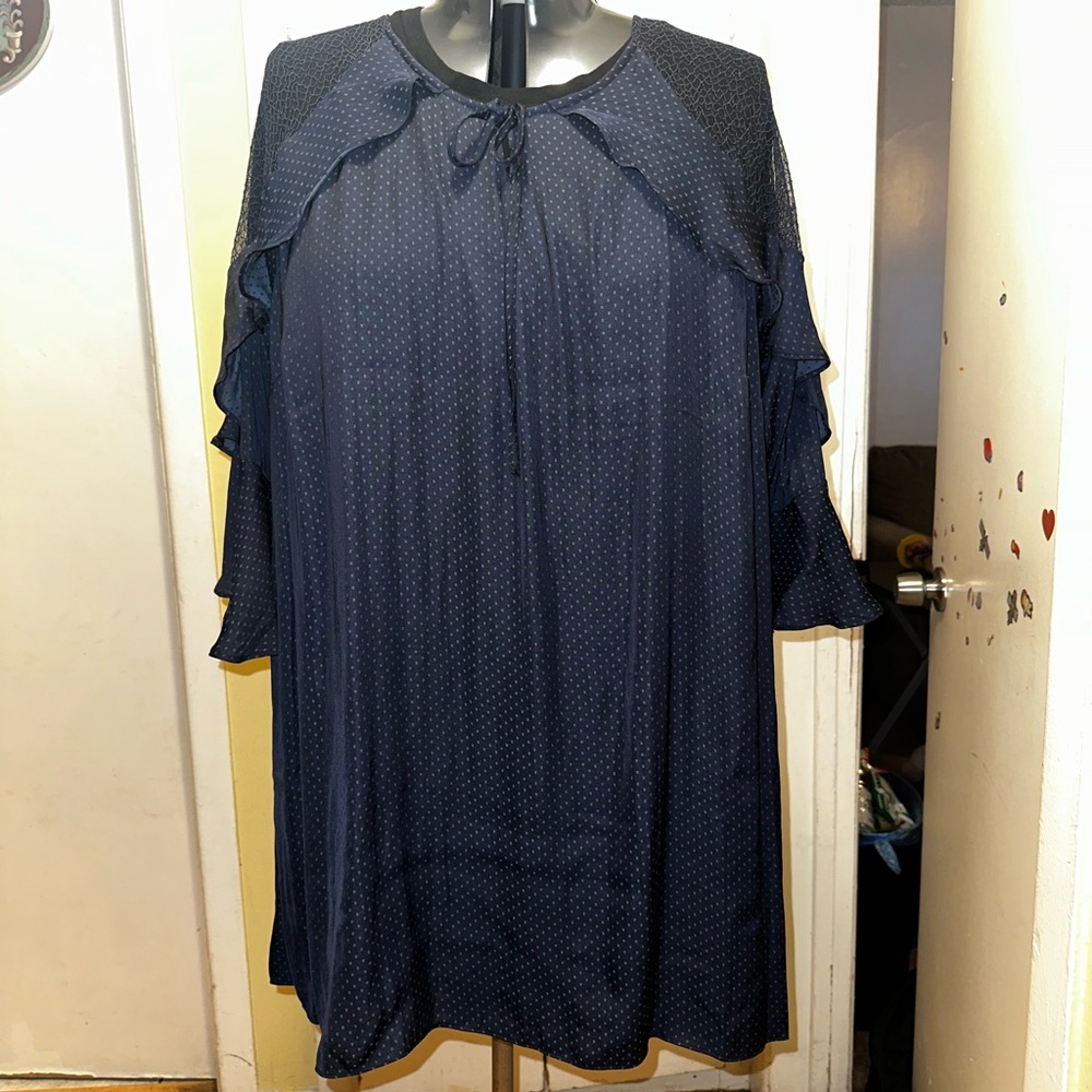 Navy Blue Polka Dot Dress with Ruffle Sleeves